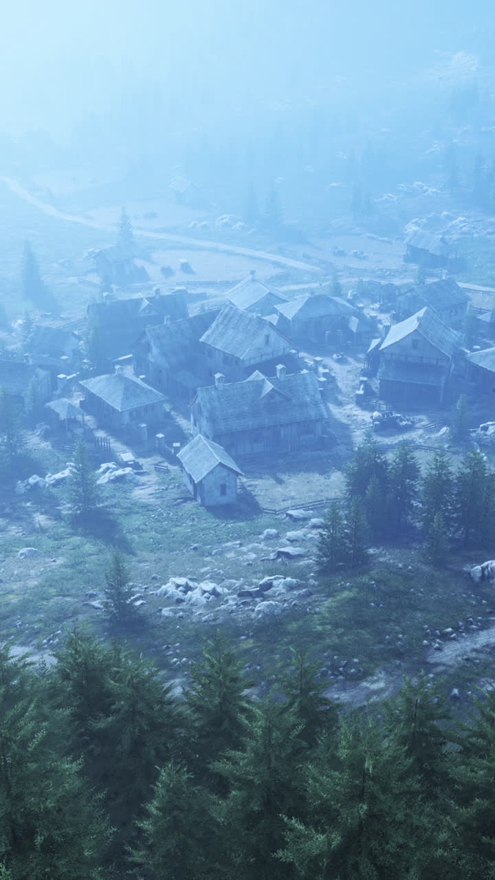 Misty Medieval Village in the Mountains
