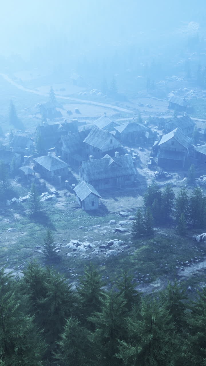 Misty Medieval Village in the Mountains