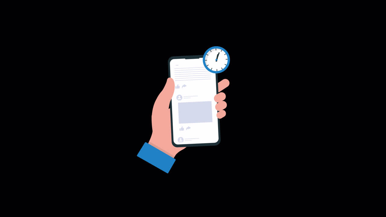 Animated Hand Scrolling Social Media Feed on Smartphone with Clock Icon
