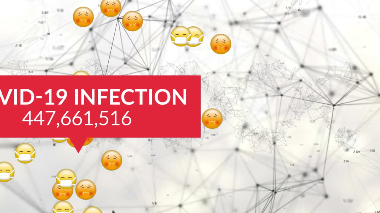 얼굴 마스크를 쓴 이모티콘의 애니메이션과  ⁇ 색 배경에 감염자의 수가 증가하고 있습니다.