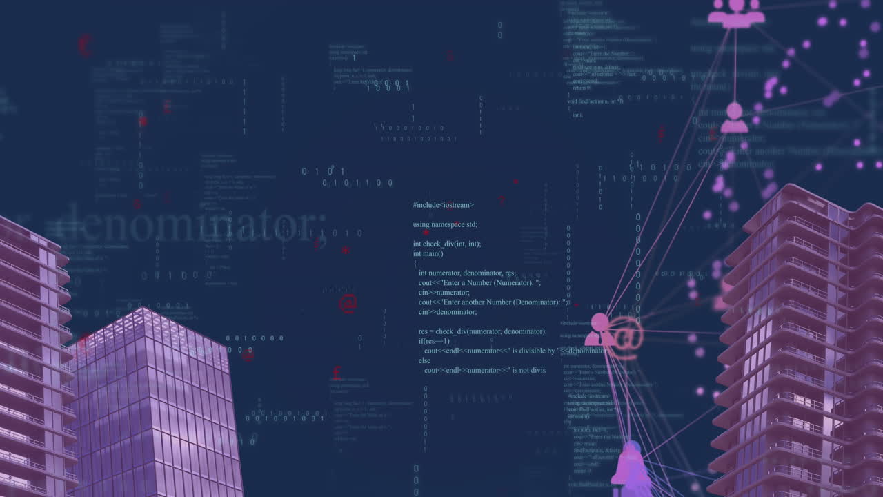 animación del procesamiento de datos financieros y red de conexiones con iconos sobre el paisaje urbano