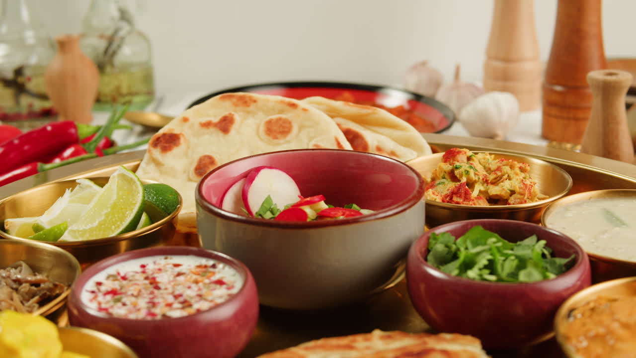 A vibrant spread of delicious Indian food, featuring curries, naan, chutneys, and fresh ingredients.