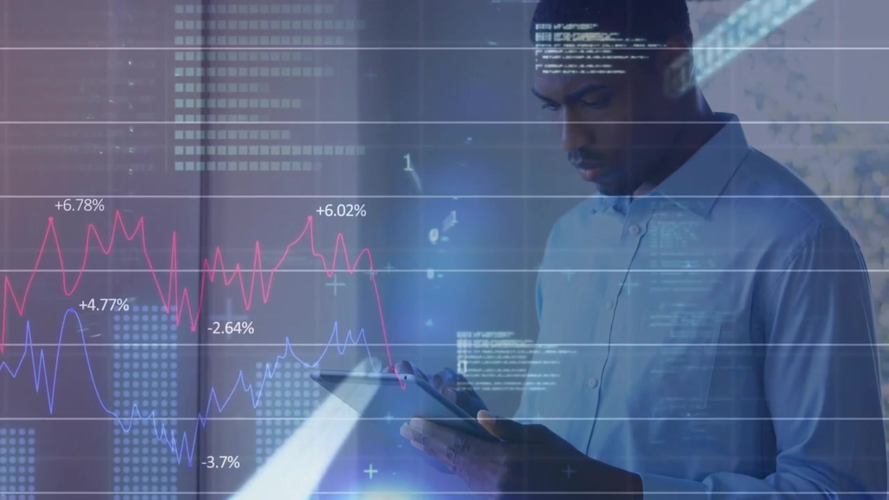 Man near glass holding tablet tapping and swiping driving charts and code growing for data analysis