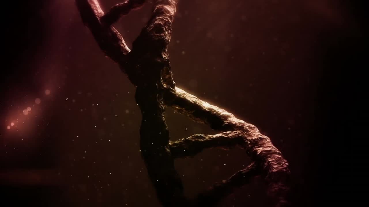 어두운 배경에 회전하는 dna 가닥 위에 떨어지는 점의 애니메이션