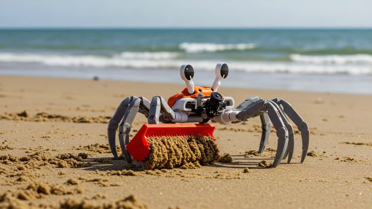 A Humorous Robotic Crab Cleaning Sand on the Beach, Showcasing Innovative Technology in a Fun Beach Setting with Waves in the Background