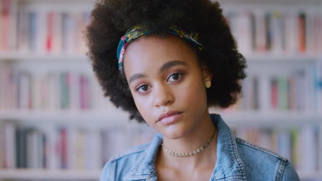 black woman, face or afro in school library