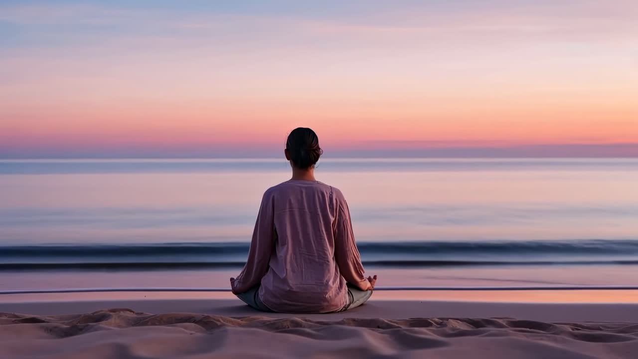 A serene video scene of a person meditating on a beach at sunset, captured from behind at a low