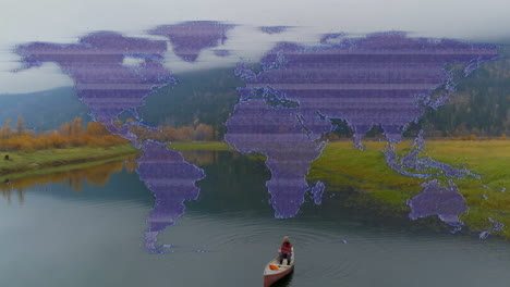 digital world animation overlaying serene landscape with canoe on calm lake