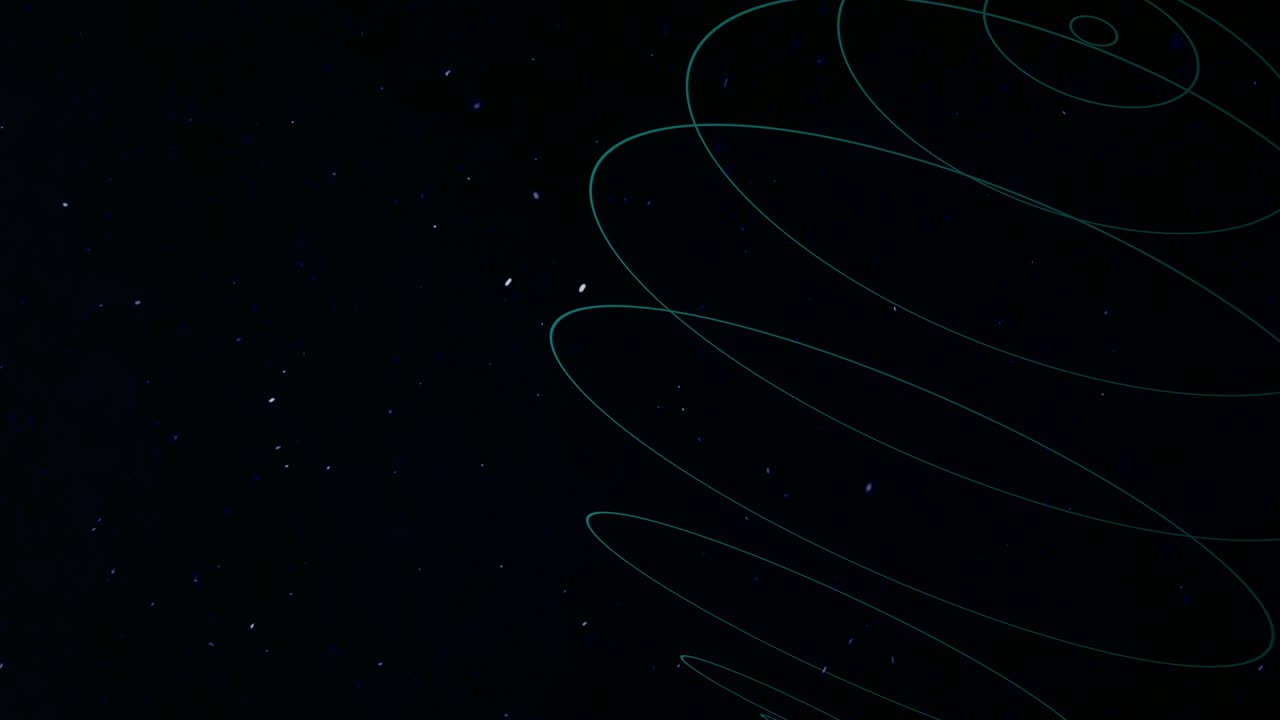 Cerchi a spirale astratti al neon blu nello spazio con luccichii fluttuanti