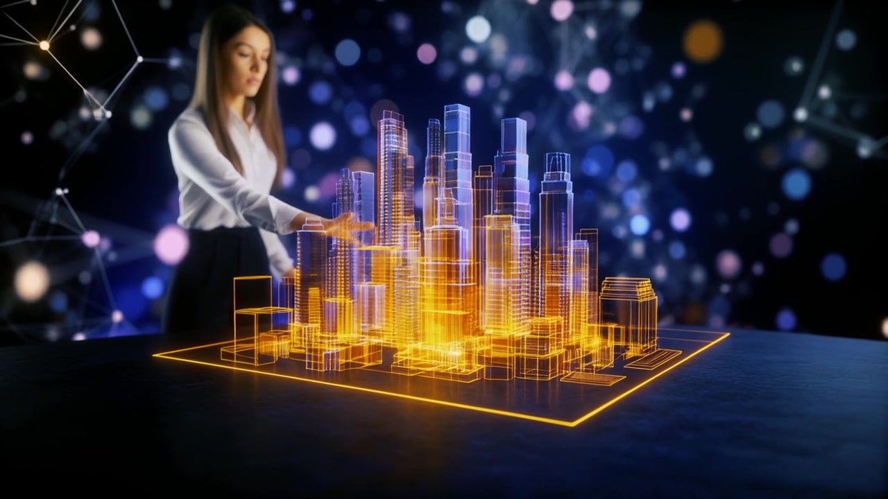 Donna d'affari con modello olografico 3D di città