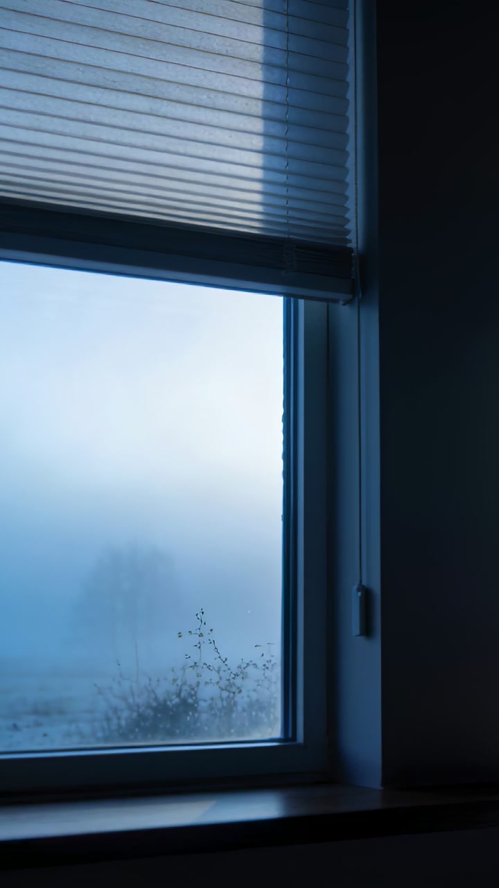 Vertical video: Lifting fog, morning revealing window in room, shrubs distant tree, blind pull-cord