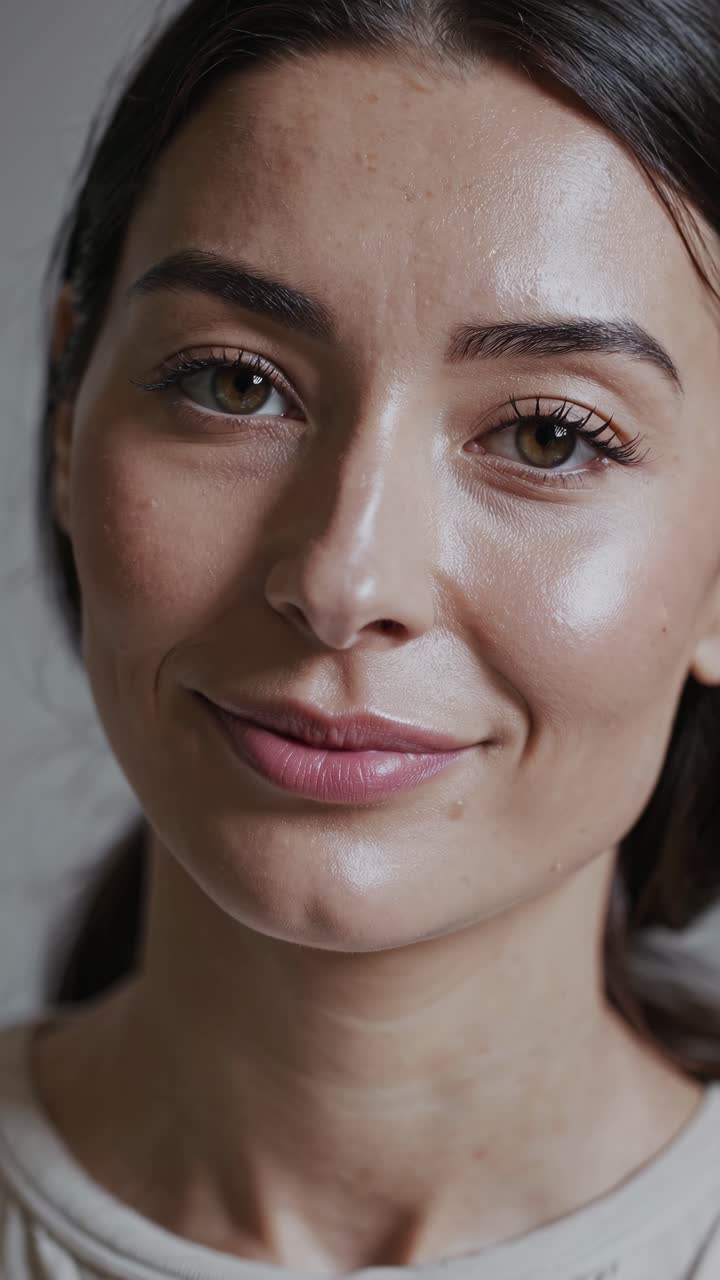 Close-up video portrait of a smiling person with soft lighting, capturing a natural and candid
