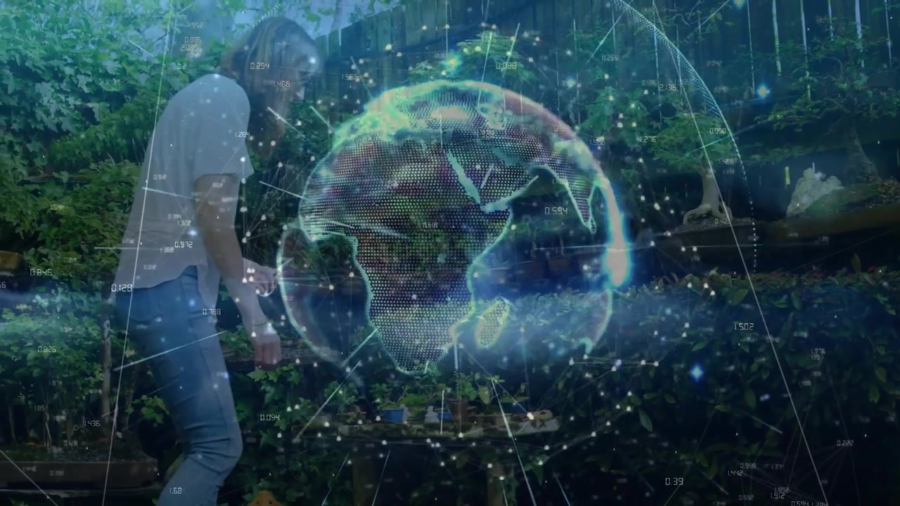 Holographic globe appearing in garden guiding woman picking seed tray beside rotating data visuals