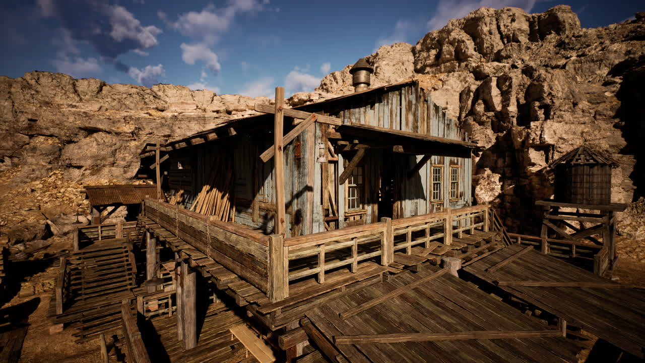 푸른 하늘 아래 바위 지형에 자리 잡은 시골 목조 구조물