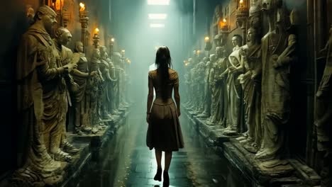 a woman standing in front of a row of statues in a dark room