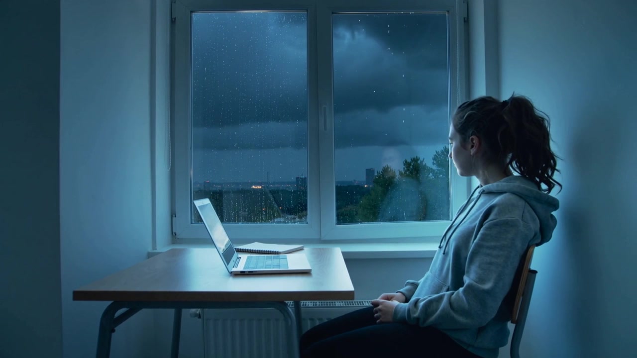 Noticing rain, student pausing laptop at desk and watching storm past window in hoodie, copy space