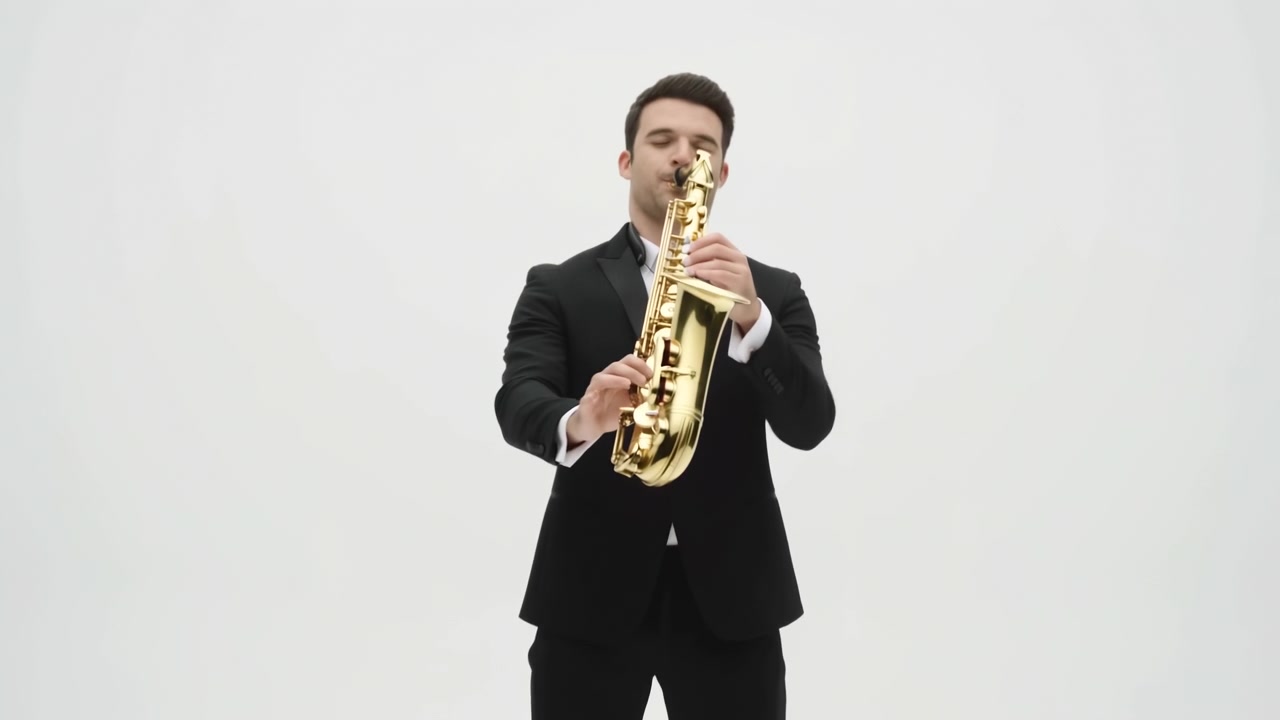 Un uomo in abito nero suona un sassofono metallico con un'espressione concentrata e focalizzata, su sfondo bianco. Questo video di performance musicale commerciale è promozionale.