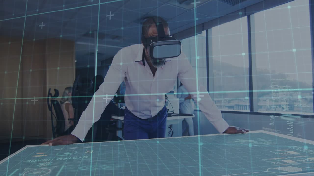 VR engineer touching tabletop activating rotating 3D engine hologram for review coworker observing