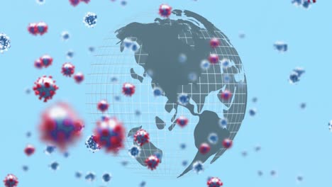 Animation-of-virus-cells-and-globe-on-blue-background