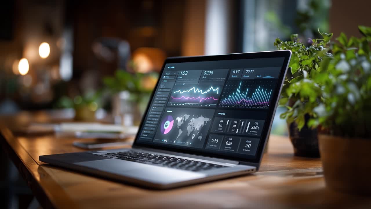 Analyzing Real-Time Data Trends and Visualizations on a Laptop Screen Surrounded by a Cozy Workspace with Indoor Plants and a Warm Atmosphere