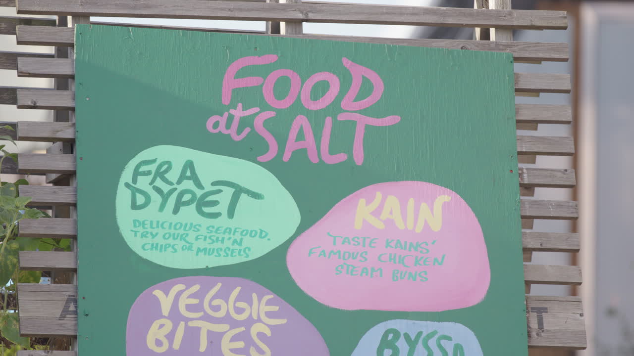 Pedestrians passing the Salt cafe sign, Oslo