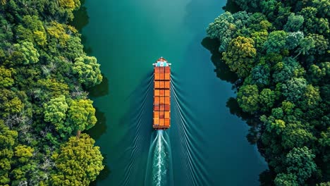 aerial view of a cargo ship navigating through a lush green waterway