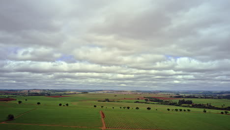 Hyperzeitraffer-Drohnenzeitraffer-Von-Sperrigen-Wolken,-Die-Schnell-über-Ein-Großes-Grünes-Feld-Einer-Farmplantage-Ziehen