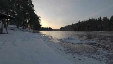 Flowing-River-In-Winter-Landscape-With-Snow,-Static-Shot