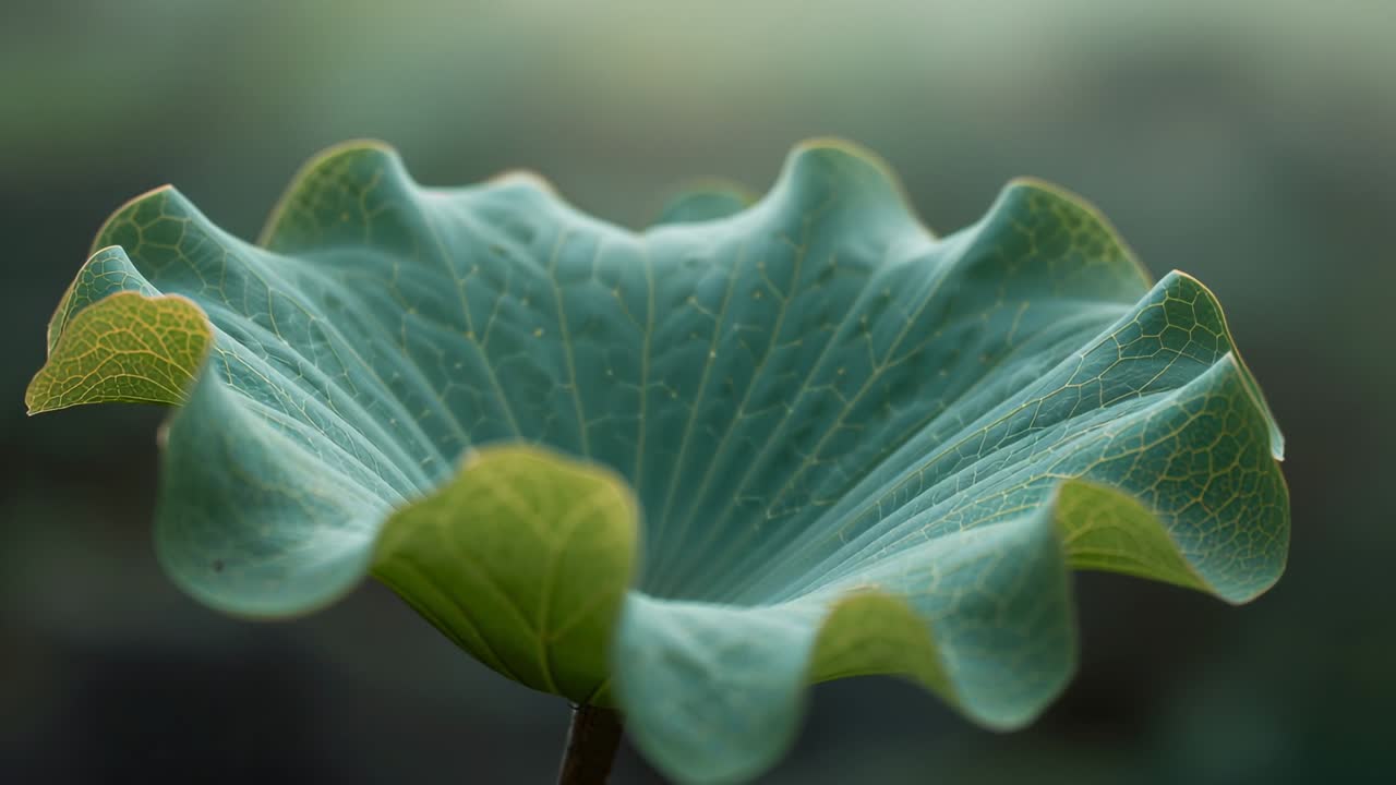 Cool morning air forming dew droplets on lotus leaf while breeze undulating edges at dawn pond