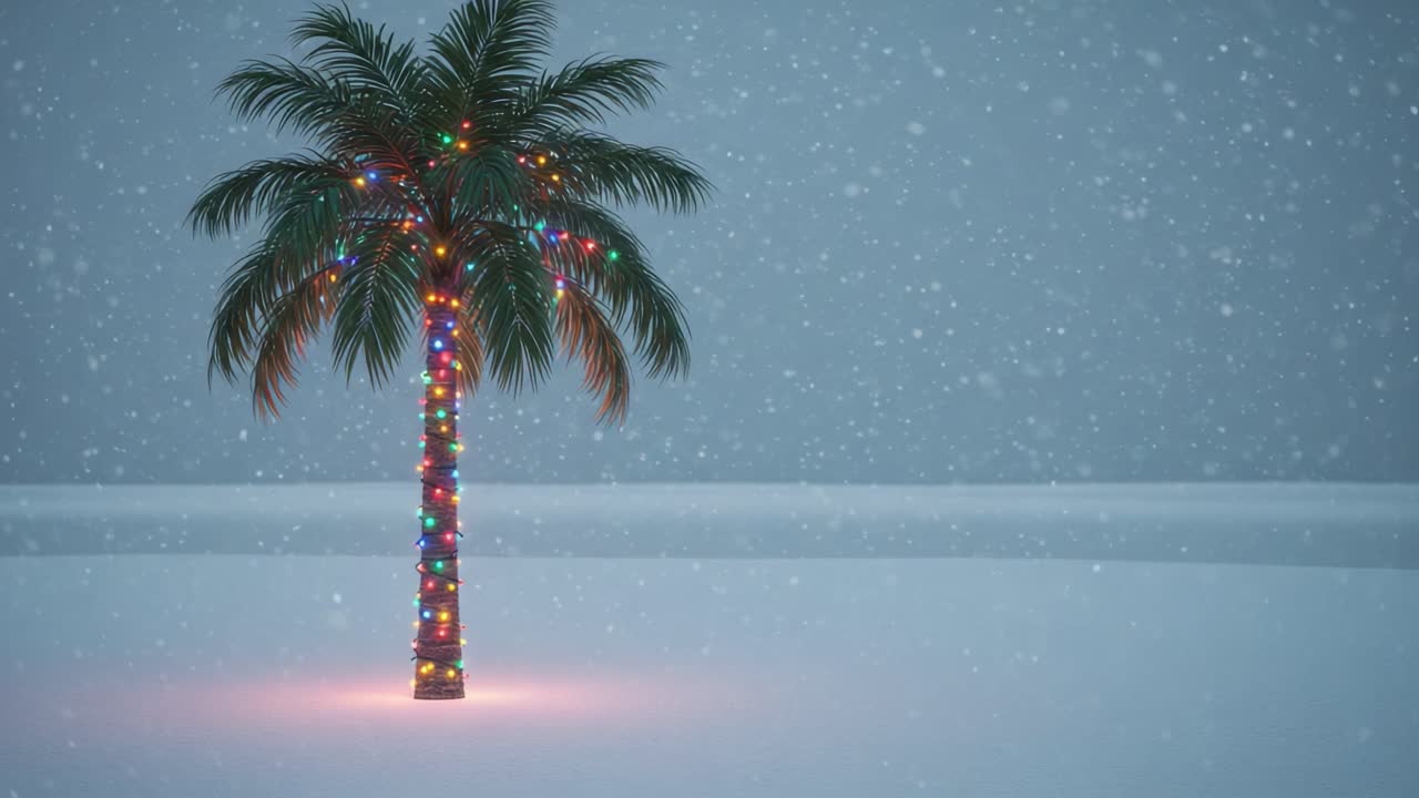 A Decorative Palm Tree Adorned with Colorful Lights Provides a Cozy and Festive Contrast Against a Snowy Winter Landscape in a Serene Atmosphere