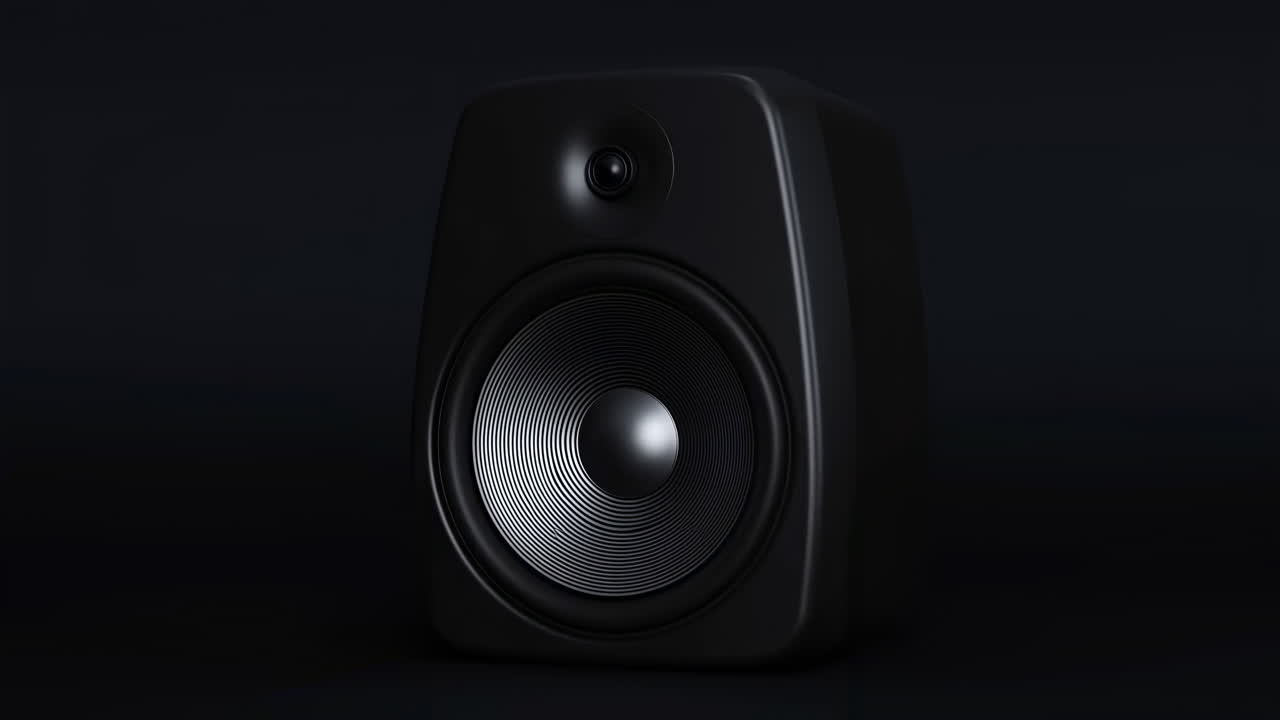 Altavoz monitor de estudio negro moderno girando sobre fondo oscuro