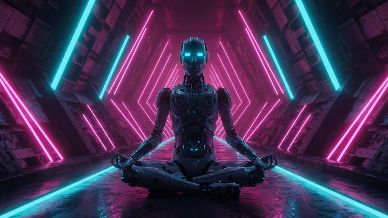 Un robot futuristico che medita in un corridoio illuminato al neon, circondato da colori vivaci e forme geometriche, che illustra l'intersezione tra tecnologia e serenità