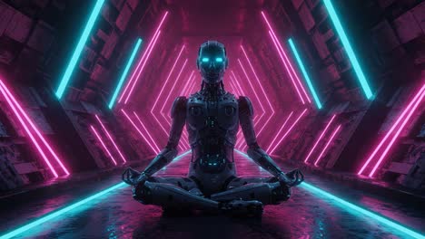 a futuristic robot meditating in a neon-lit corridor, surrounded by vibrant colors and geometric shapes, illustrating the intersection of technology and serenity