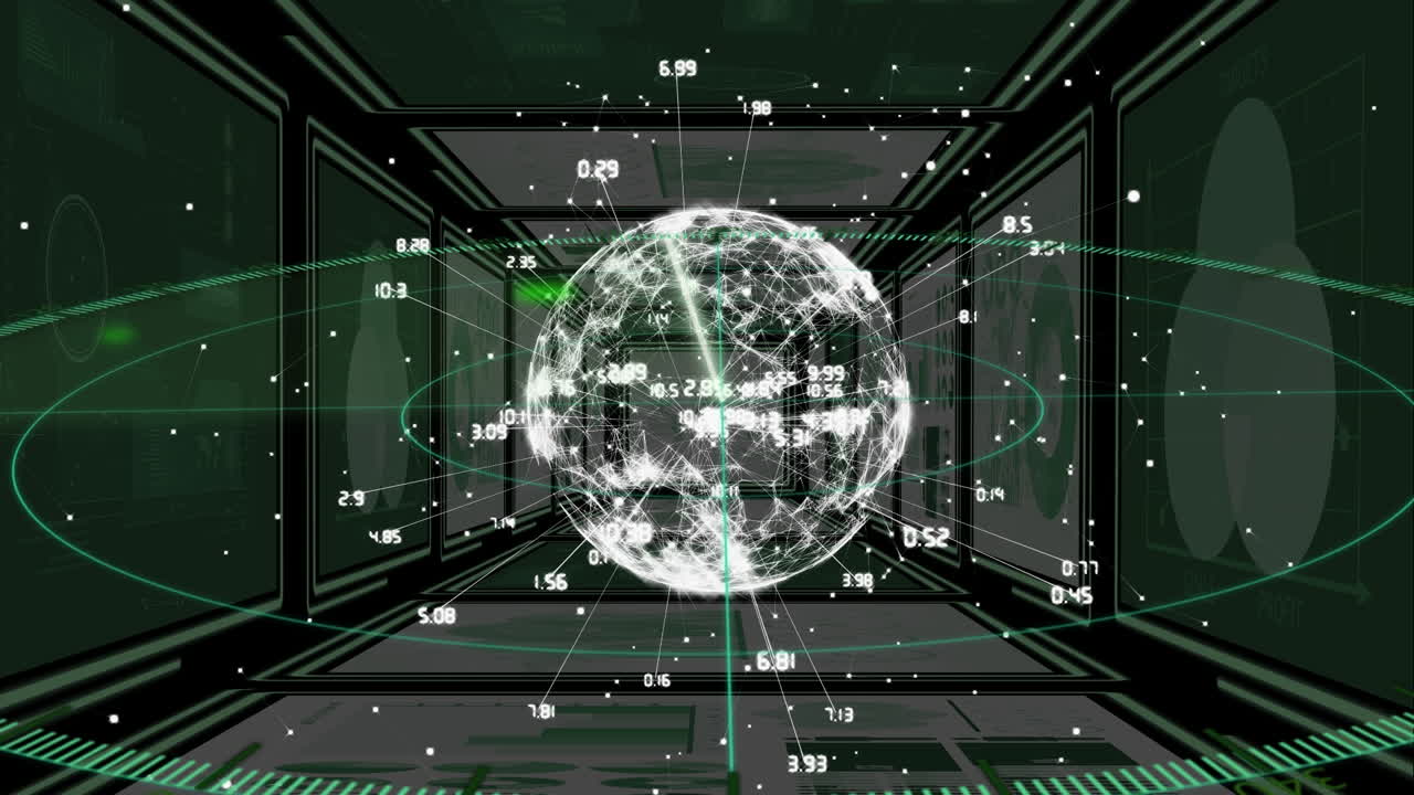 검은 바탕 위의 데이터 처리 및 지구의 애니메이션