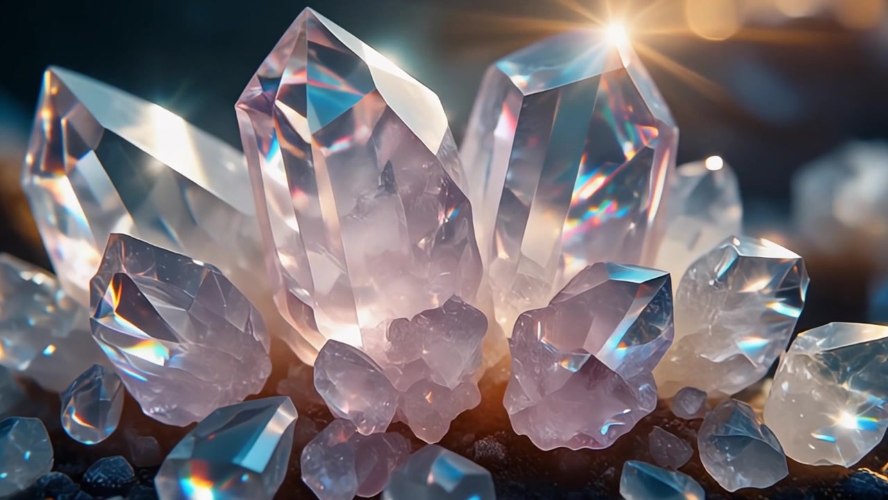 Primo piano di cristalli di quarzo scintillanti con luce rifrangente
