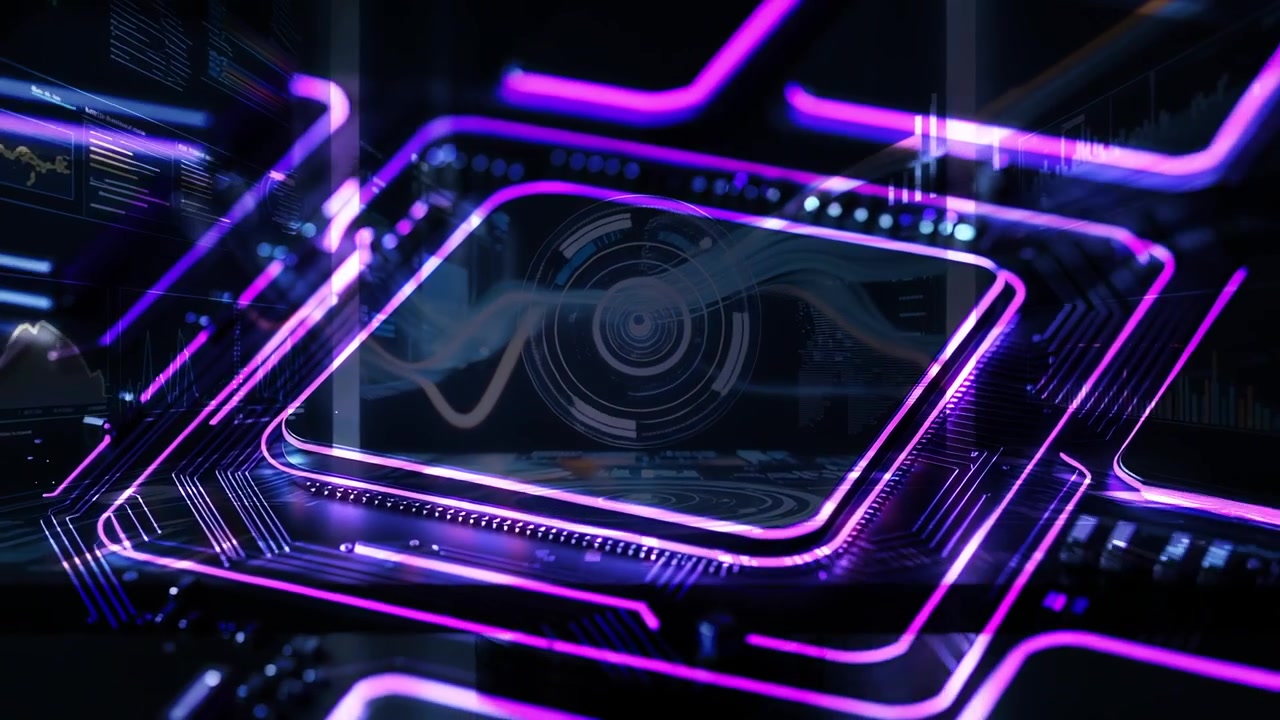 Starting close-up glowing microchip, camera rotating around board showing neon traces, waveform