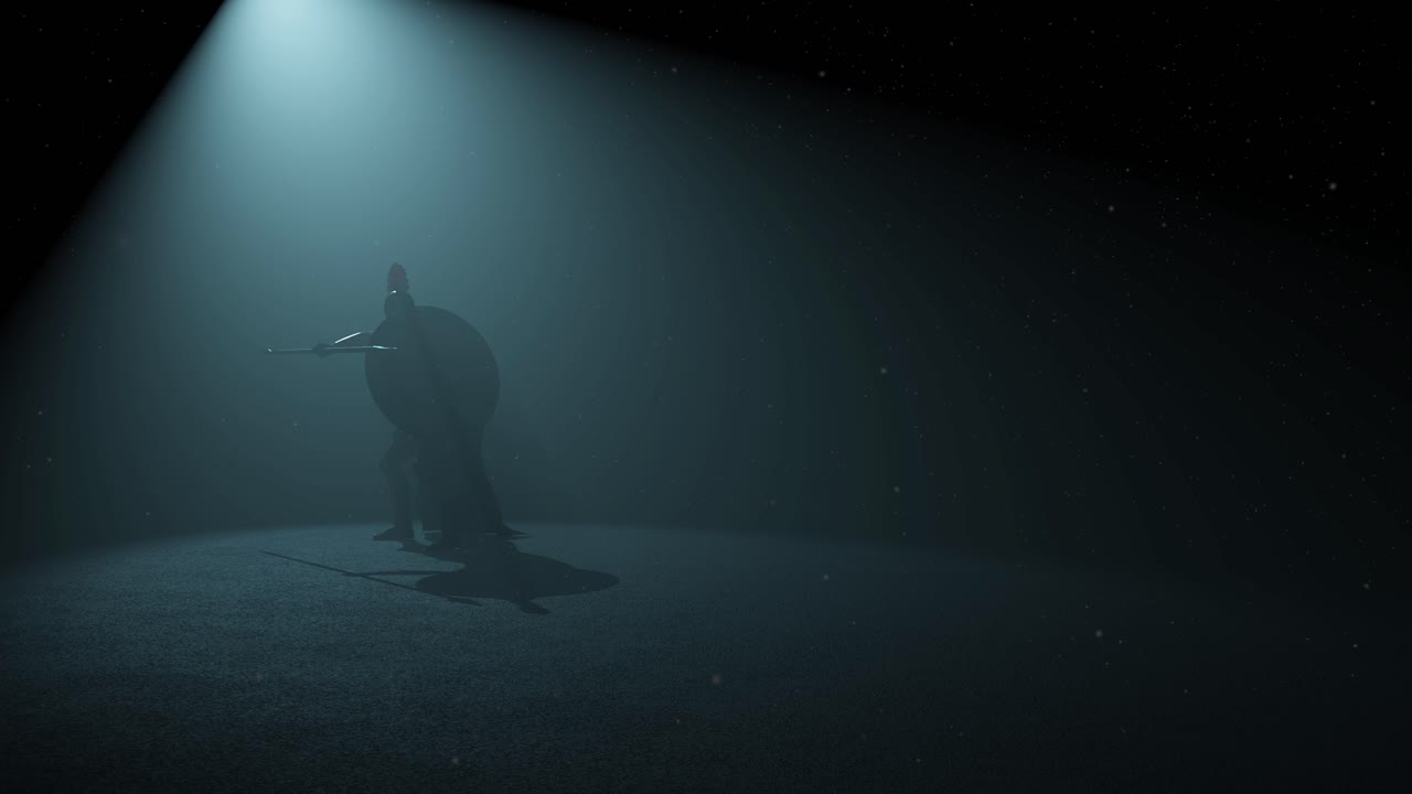 antiguo guerrero griego hoplita listo para luchar dentro de un espacio oscuro, con luz volumétrica detrás de él y partículas de polvo flotando, animación 3d, vista izquierda, cámara zoom lentamente