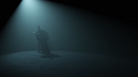 ancient greek warrior hoplite ready to fight inside a dark space, with volumetric light behind him and dust particles floating, 3d animation, left view, camera zoom slowly