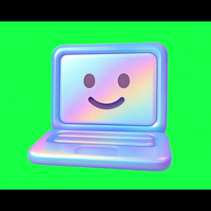 3D-animierter Laptop mit fröhlichem Gesicht auf Greenscreen