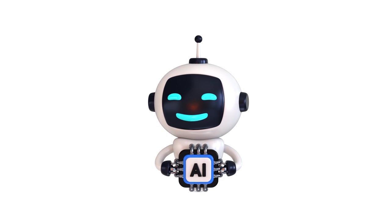 Simpatico personaggio robot 3D che tiene in mano un microchip AI.