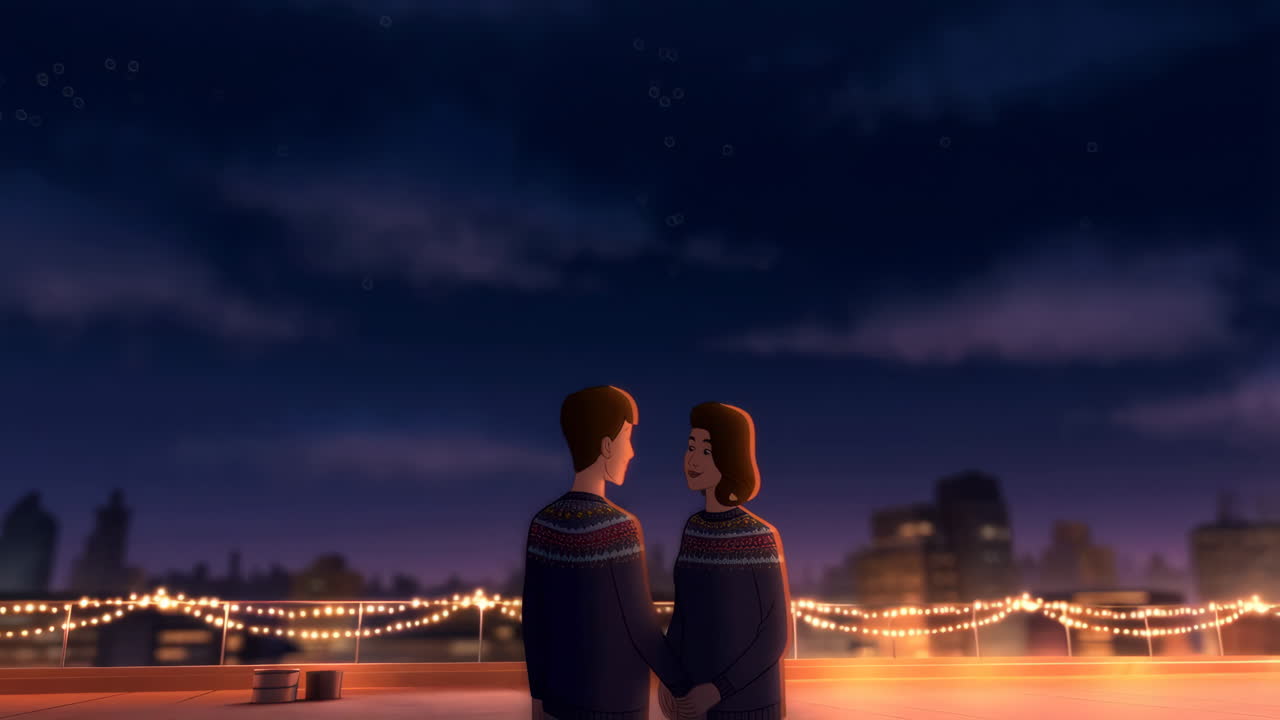 Animated Couple on a Rooftop Date at Night with City Lights