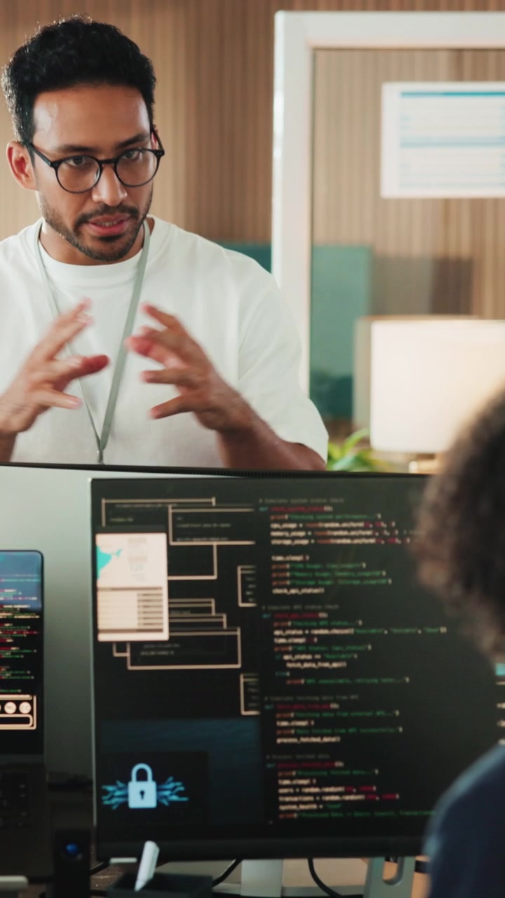 Software Developers Collaborating on Coding Project in Modern Office