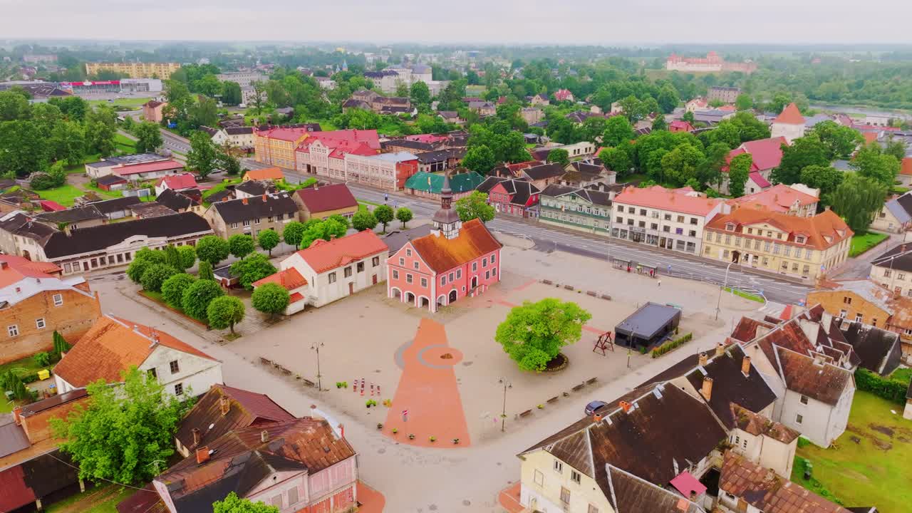 Aerial View of Bauska Town Center and E67 Highway – Tourism Square, Latvia