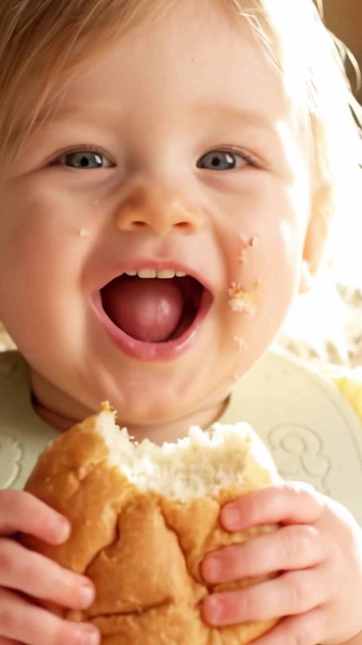 Joyful Baby Enjoys Eating a Delicious Bun, Capturing Delightful Moments of Innocence and Happiness in Every Bite