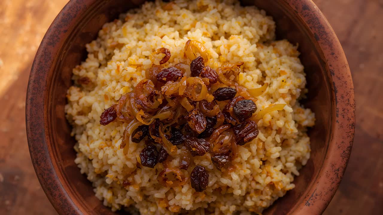 Avvicinamento della telecamera che mostra una ciotola di argilla con bulgur, evidenziando striscioline di cipolla e uvetta su legno caldo.