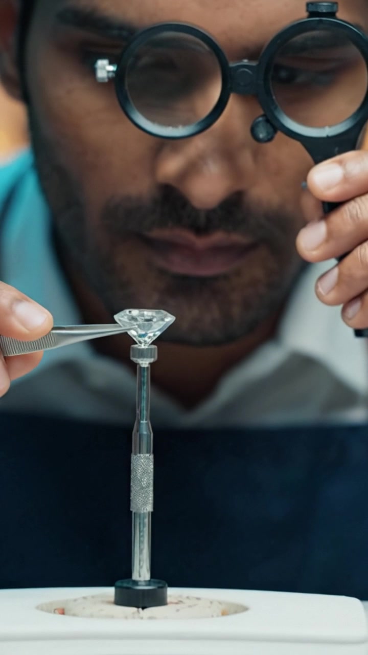 Un gemmologo esperto esamina meticolosamente un diamante brillante con strumenti di precisione, assicurandone la qualità e l'autenticità in un primo piano di maestria artigianale.