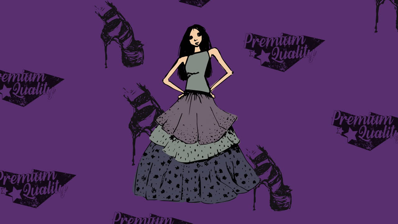 보라색 배경에 신발 아이콘과 모델의 애니메이션