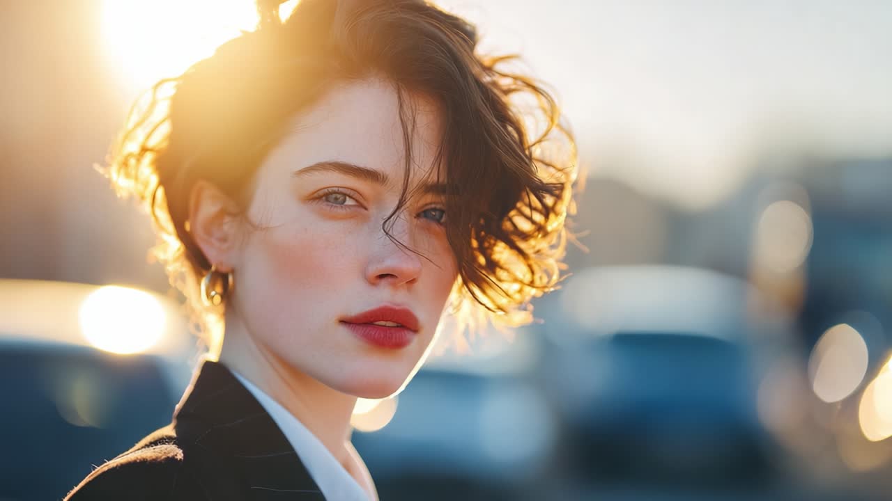 Un ritratto accattivante di una giovane donna con capelli ricci, retroilluminato da un tramonto radioso, che evoca un senso di serenità e fiducia in un vivace ambiente urbano.