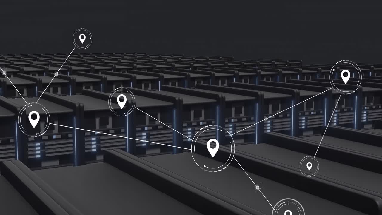 Animation of network of conncetions with icons over server room