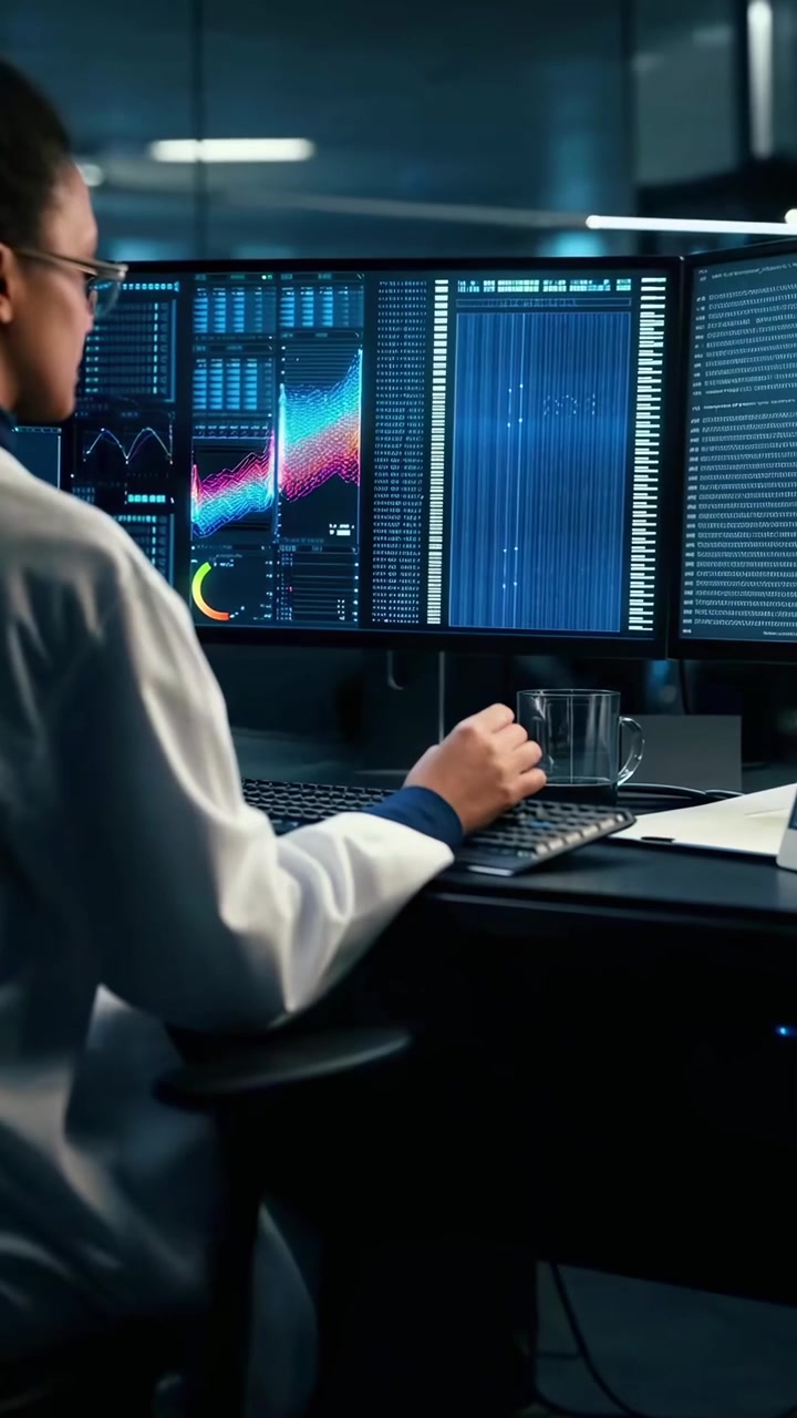 Scienziato che analizza dati complessi su monitor multipli